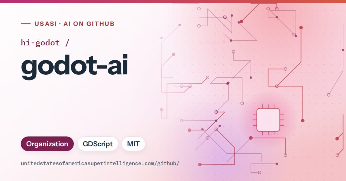 Generated pink circuit-trace artwork for hi-godot/godot-ai, labeled USASI · AI on GitHub, with Organization · GDScript · MIT.