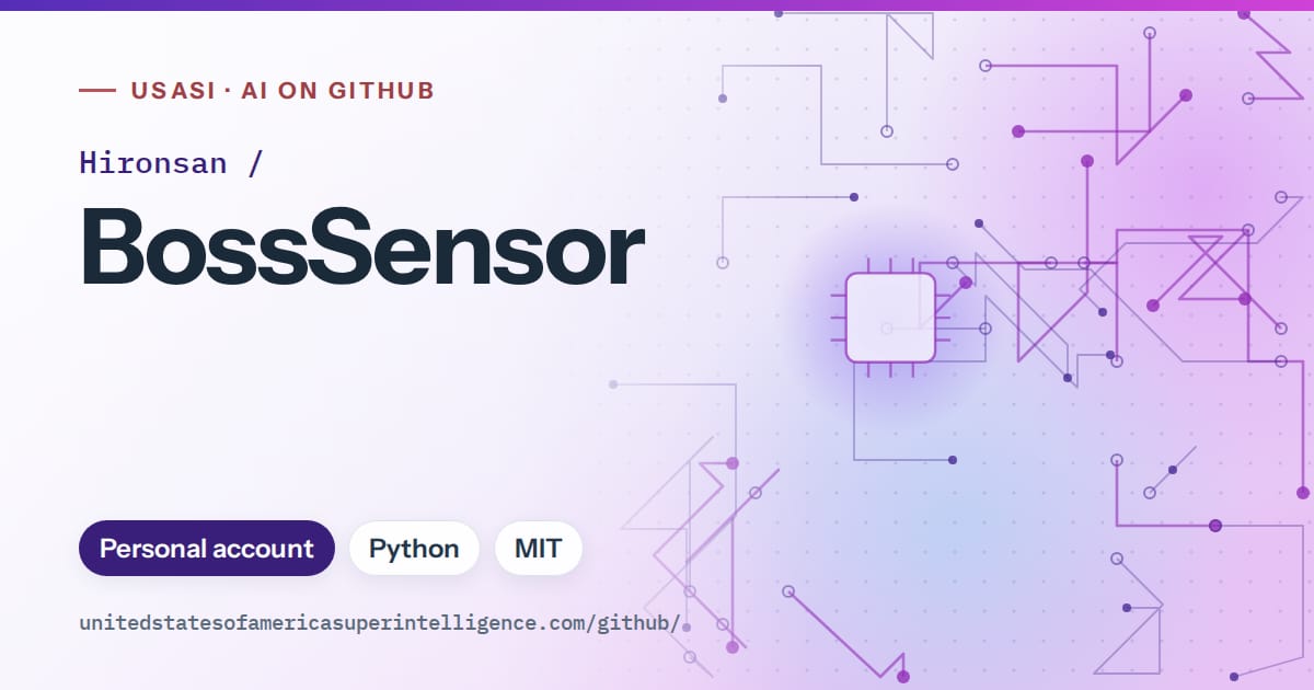 Generated violet circuit-trace artwork for Hironsan/BossSensor, labeled USASI · AI on GitHub, with Personal account · Python · MIT.