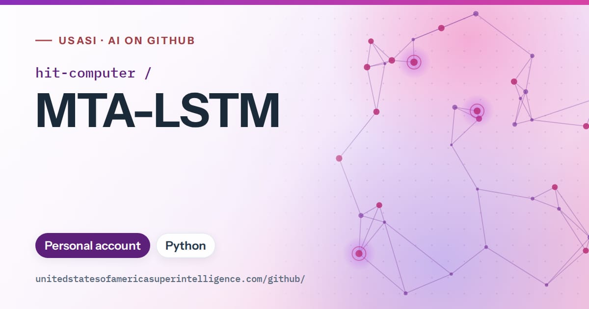 Generated violet constellation network artwork for hit-computer/MTA-LSTM, labeled USASI · AI on GitHub, with Personal account · Python.