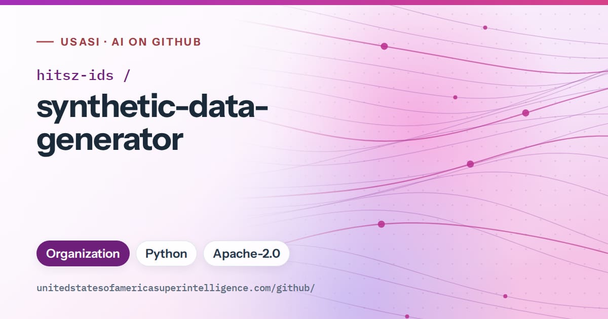 Generated purple flowing-wave artwork for hitsz-ids/synthetic-data-generator, labeled USASI · AI on GitHub, with Organization · Python · Apache-2.0.