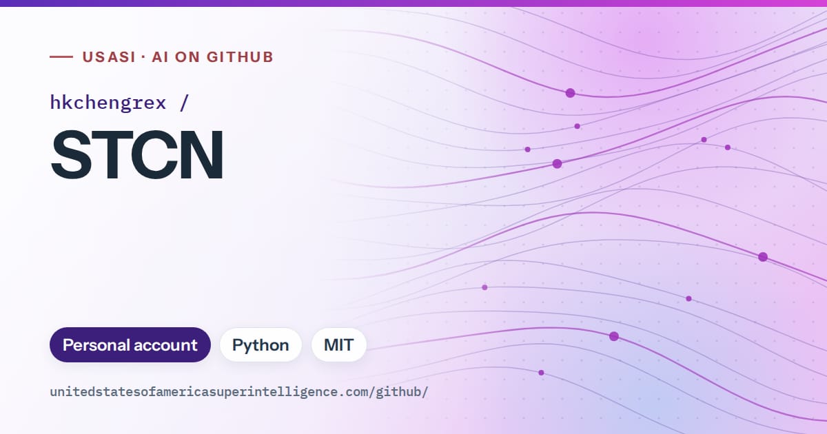 Generated violet flowing-wave artwork for hkchengrex/STCN, labeled USASI · AI on GitHub, with Personal account · Python · MIT.