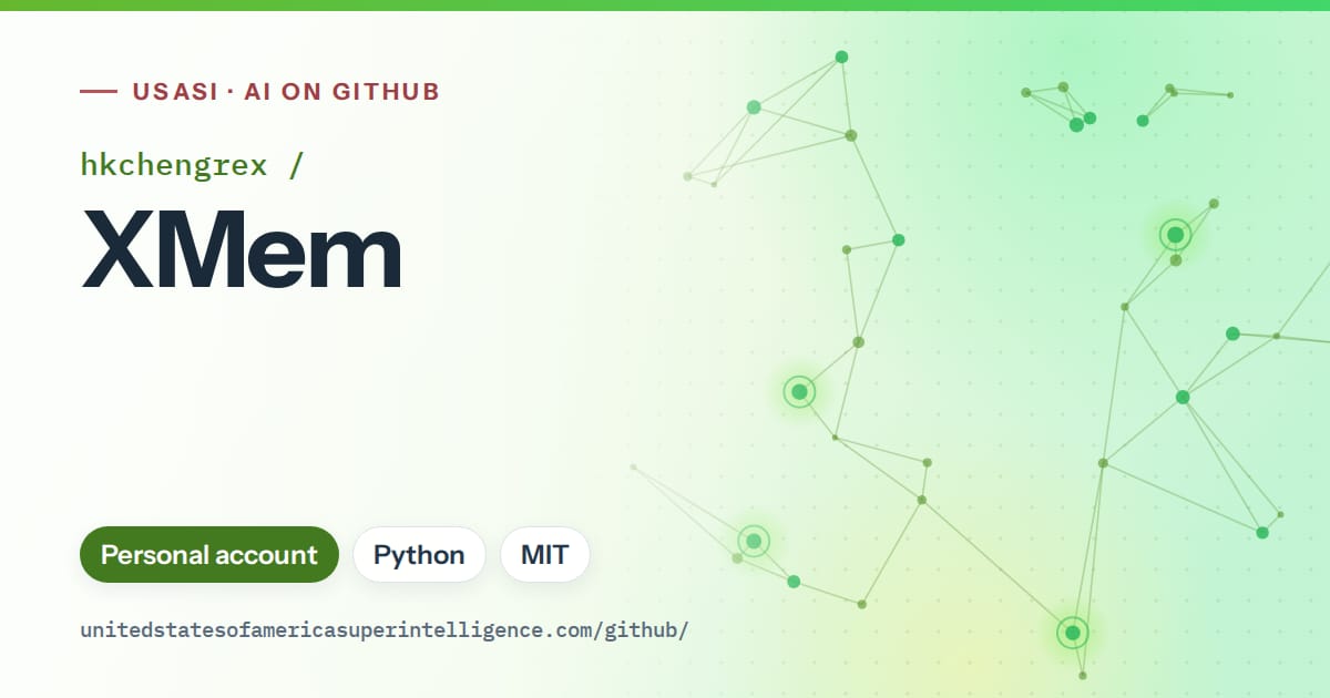 Generated green constellation network artwork for hkchengrex/XMem, labeled USASI · AI on GitHub, with Personal account · Python · MIT.