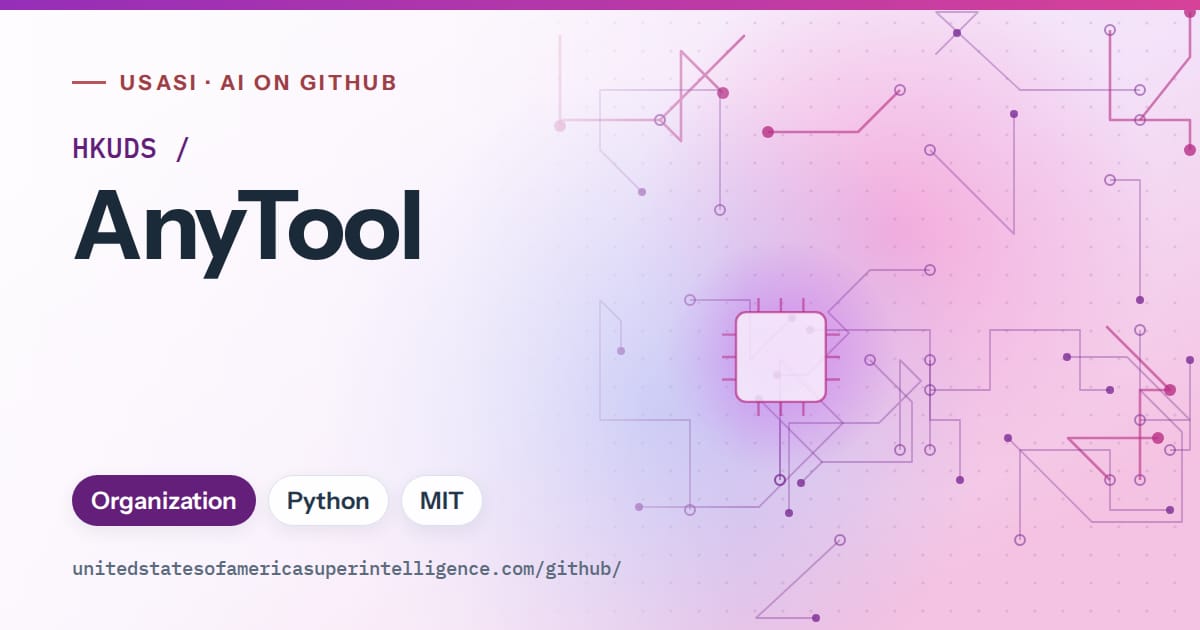 Generated purple circuit-trace artwork for HKUDS/AnyTool, labeled USASI · AI on GitHub, with Organization · Python · MIT.