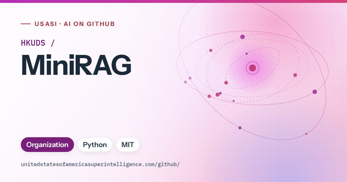 Generated purple orbit artwork for HKUDS/MiniRAG, labeled USASI · AI on GitHub, with Organization · Python · MIT.