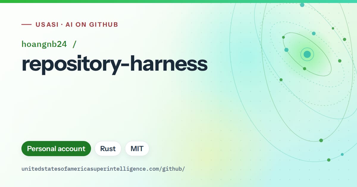 Generated green orbit artwork for hoangnb24/repository-harness, labeled USASI · AI on GitHub, with Personal account · Rust · MIT.