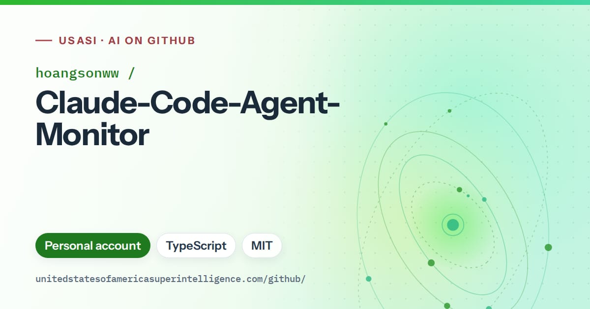Generated green orbit artwork for hoangsonww/Claude-Code-Agent-Monitor, labeled USASI · AI on GitHub, with Personal account · TypeScript · MIT.