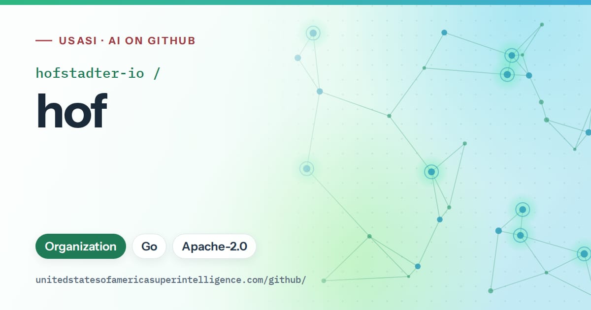 Generated teal constellation network artwork for hofstadter-io/hof, labeled USASI · AI on GitHub, with Organization · Go · Apache-2.0.