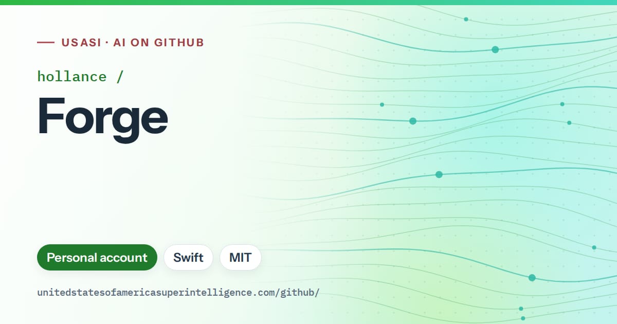 Generated green flowing-wave artwork for hollance/Forge, labeled USASI · AI on GitHub, with Personal account · Swift · MIT.