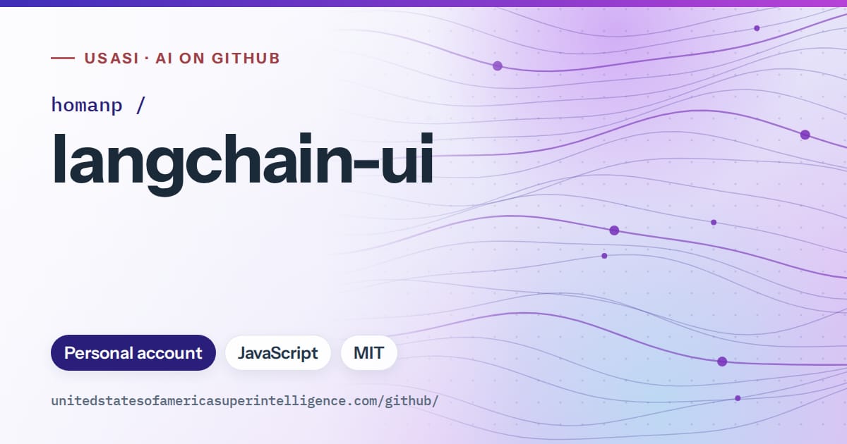 Generated blue flowing-wave artwork for homanp/langchain-ui, labeled USASI · AI on GitHub, with Personal account · JavaScript · MIT.