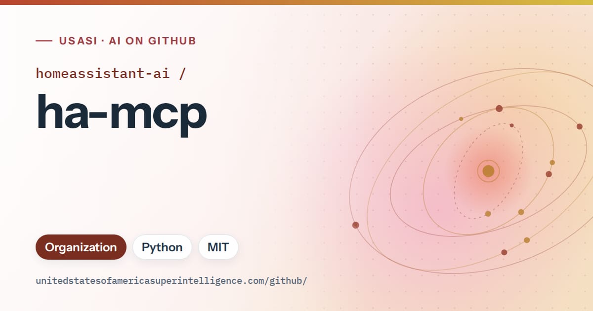Generated red orbit artwork for homeassistant-ai/ha-mcp, labeled USASI · AI on GitHub, with Organization · Python · MIT.