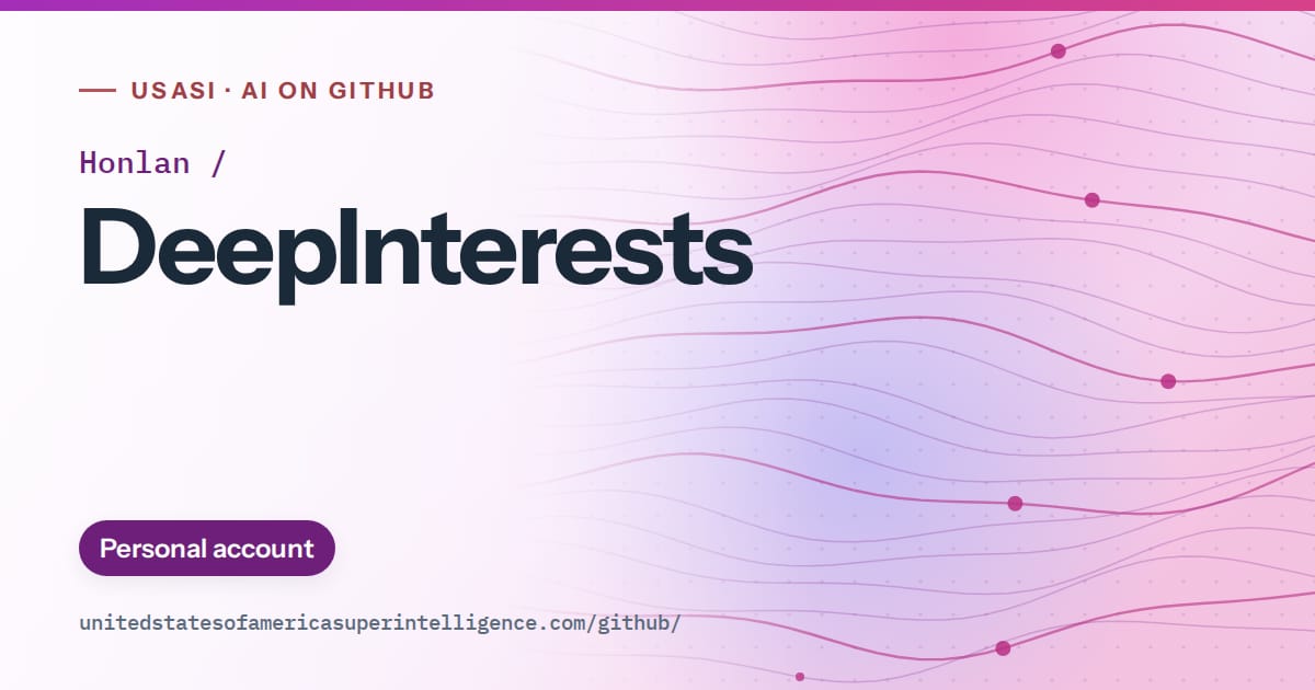 Generated purple flowing-wave artwork for Honlan/DeepInterests, labeled USASI · AI on GitHub, with Personal account.