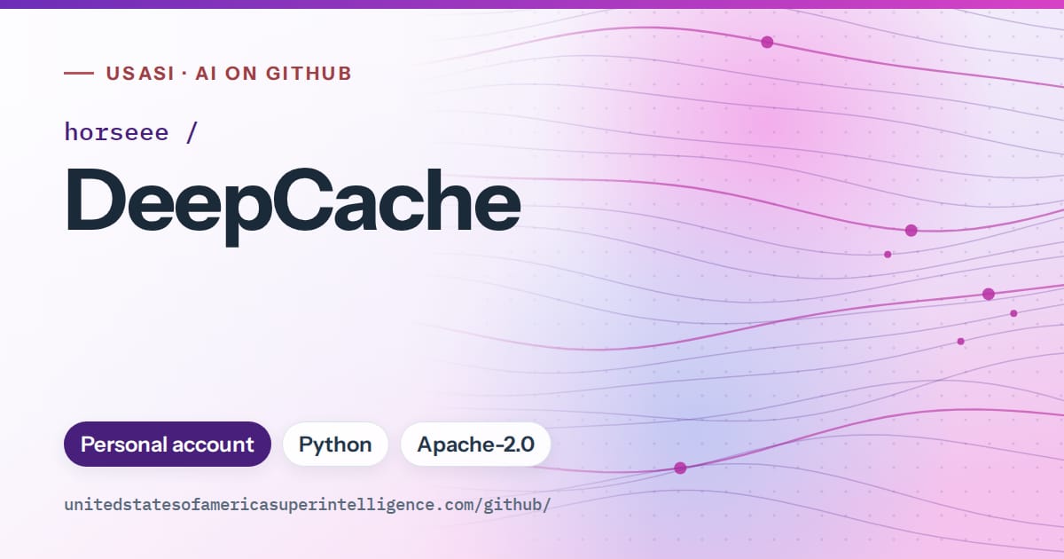 Generated violet flowing-wave artwork for horseee/DeepCache, labeled USASI · AI on GitHub, with Personal account · Python · Apache-2.0.