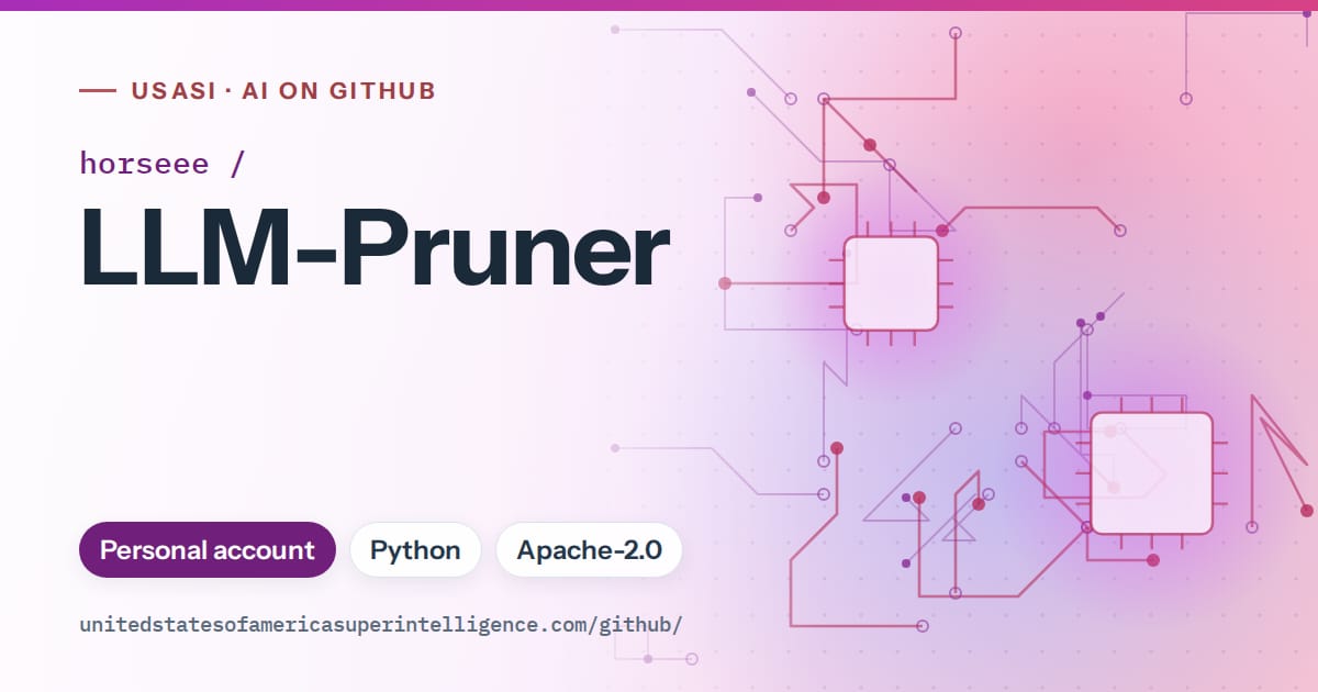 Generated purple circuit-trace artwork for horseee/LLM-Pruner, labeled USASI · AI on GitHub, with Personal account · Python · Apache-2.0.