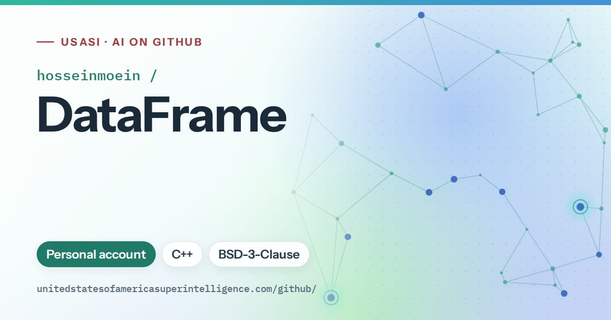 Generated teal constellation network artwork for hosseinmoein/DataFrame, labeled USASI · AI on GitHub, with Personal account · C++ · BSD-3-Clause.