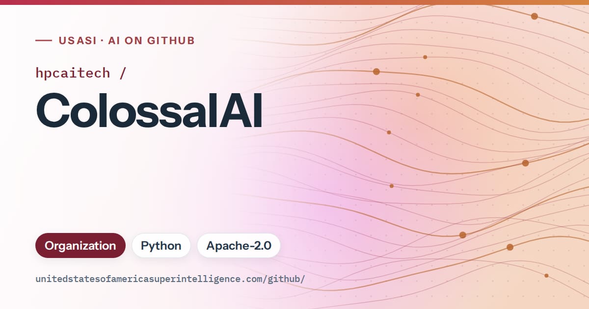 Generated red flowing-wave artwork for hpcaitech/ColossalAI, labeled USASI · AI on GitHub, with Organization · Python · Apache-2.0.