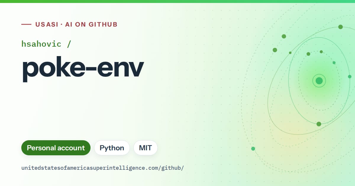 Generated green orbit artwork for hsahovic/poke-env, labeled USASI · AI on GitHub, with Personal account · Python · MIT.