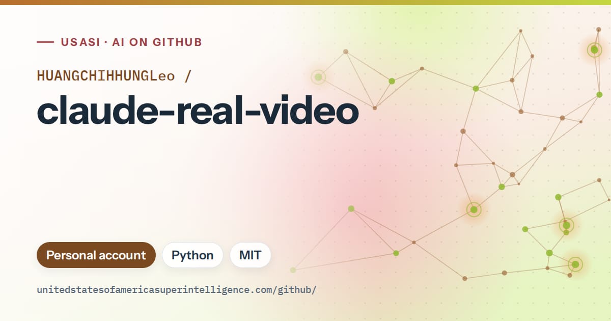 Generated orange constellation network artwork for HUANGCHIHHUNGLeo/claude-real-video, labeled USASI · AI on GitHub, with Personal account · Python · MIT.
