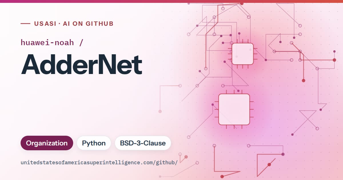 Generated pink circuit-trace artwork for huawei-noah/AdderNet, labeled USASI · AI on GitHub, with Organization · Python · BSD-3-Clause.