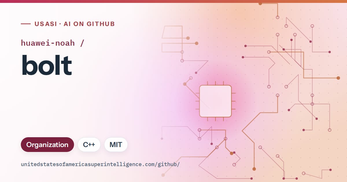 Generated pink circuit-trace artwork for huawei-noah/bolt, labeled USASI · AI on GitHub, with Organization · C++ · MIT.