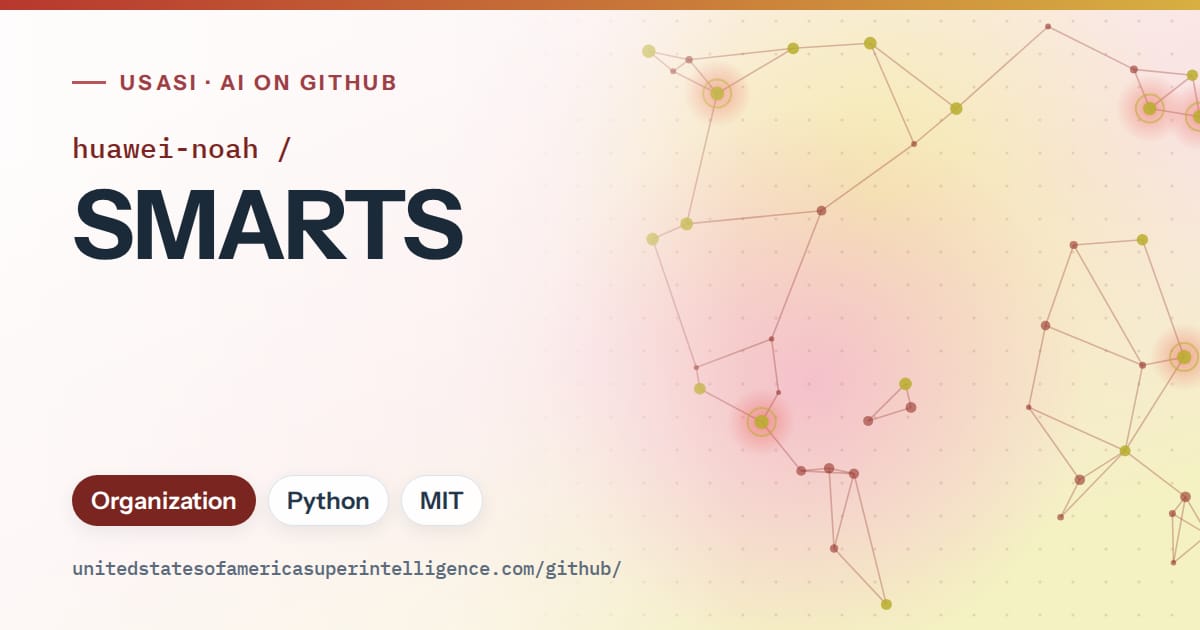 Generated red constellation network artwork for huawei-noah/SMARTS, labeled USASI · AI on GitHub, with Organization · Python · MIT.