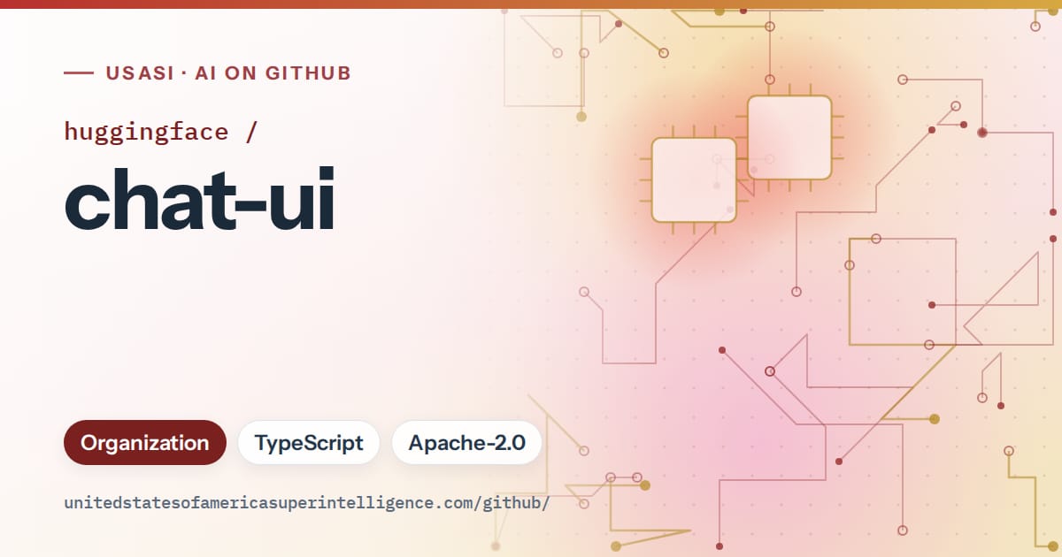 Generated red circuit-trace artwork for huggingface/chat-ui, labeled USASI · AI on GitHub, with Organization · TypeScript · Apache-2.0.