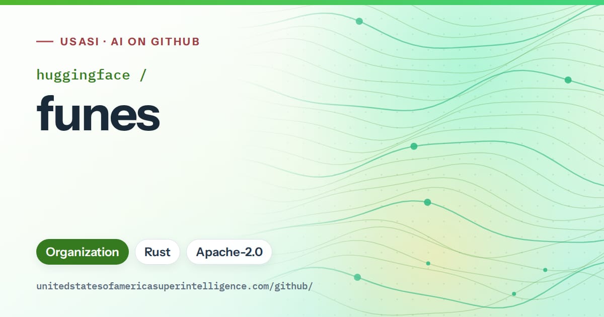 Generated green flowing-wave artwork for huggingface/funes, labeled USASI · AI on GitHub, with Organization · Rust · Apache-2.0.