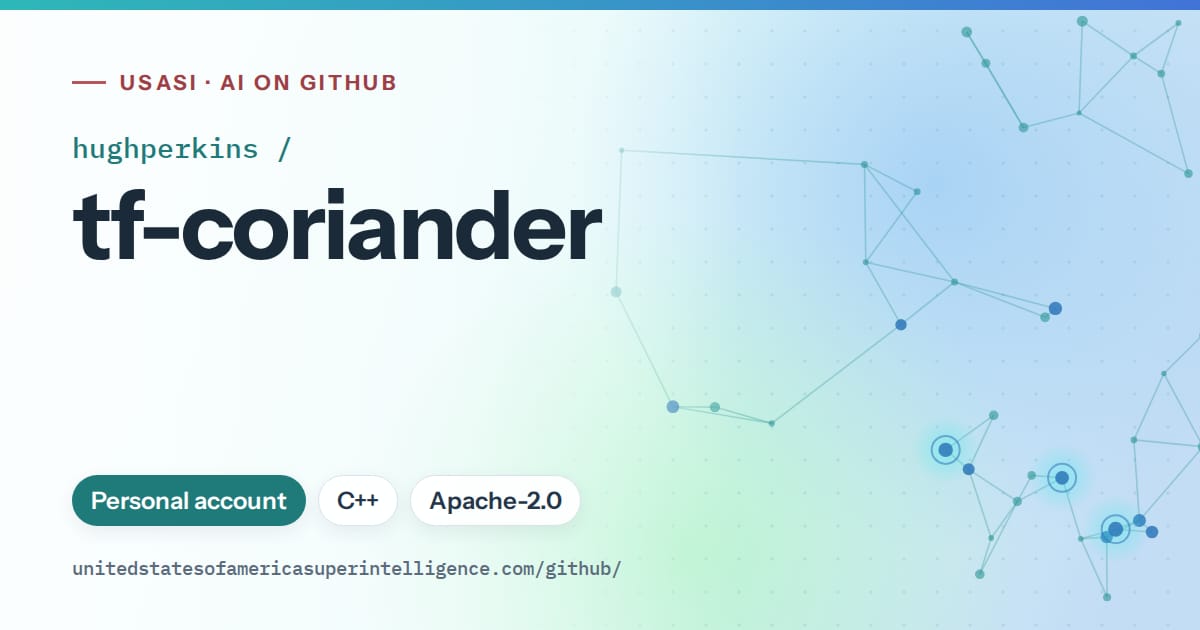 Generated teal constellation network artwork for hughperkins/tf-coriander, labeled USASI · AI on GitHub, with Personal account · C++ · Apache-2.0.