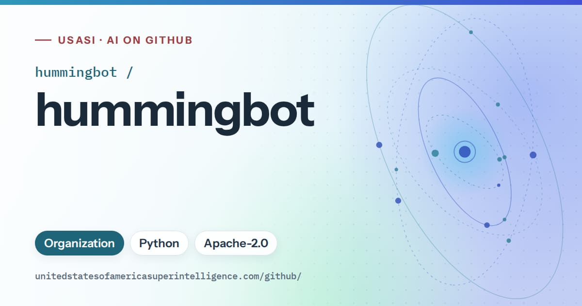 Generated sky blue orbit artwork for hummingbot/hummingbot, labeled USASI · AI on GitHub, with Organization · Python · Apache-2.0.