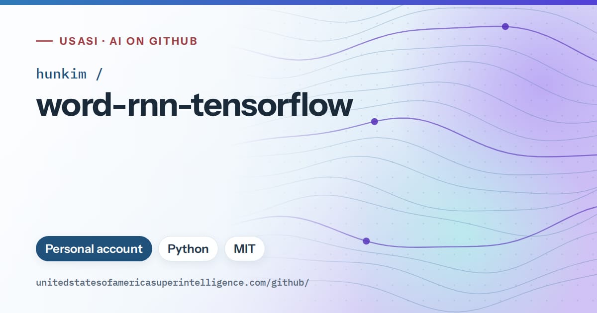 Generated sky blue flowing-wave artwork for hunkim/word-rnn-tensorflow, labeled USASI · AI on GitHub, with Personal account · Python · MIT.