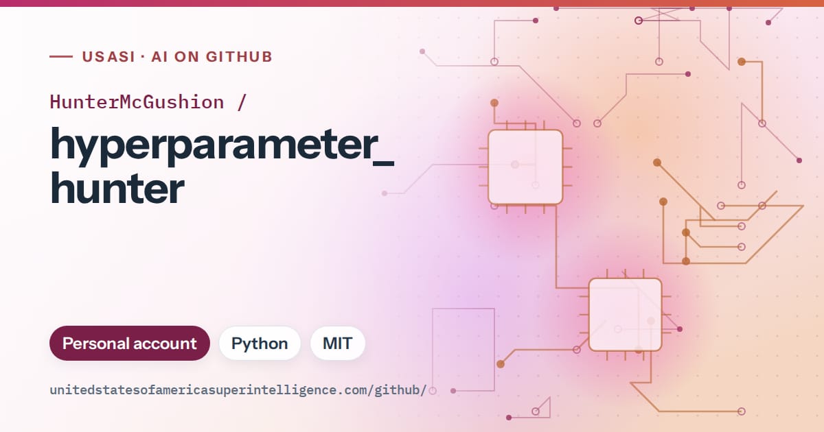 Generated pink circuit-trace artwork for HunterMcGushion/hyperparameter_hunter, labeled USASI · AI on GitHub, with Personal account · Python · MIT.