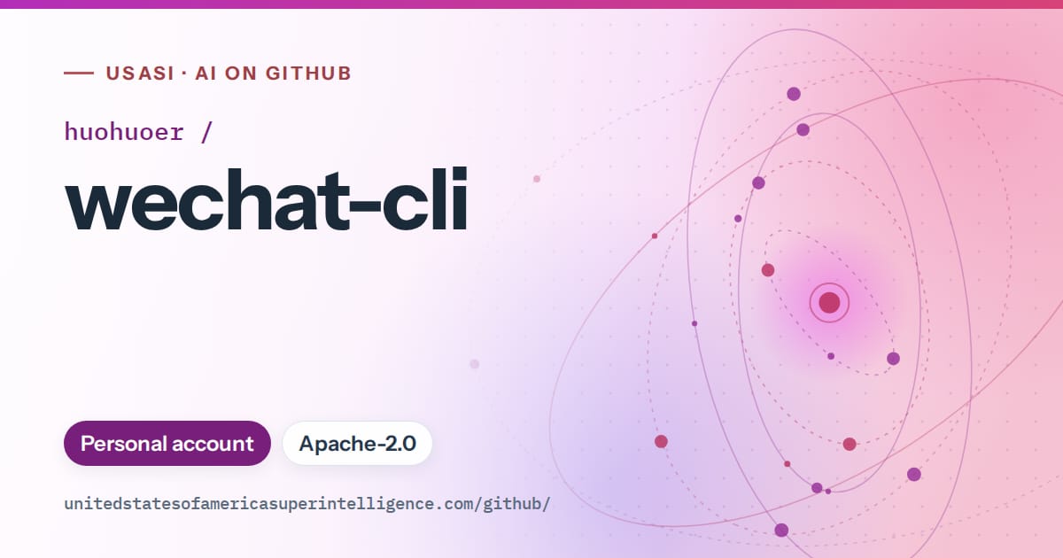 Generated purple orbit artwork for huohuoer/wechat-cli, labeled USASI · AI on GitHub, with Personal account · Apache-2.0.