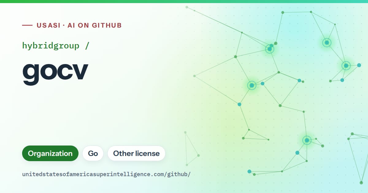 Generated green constellation network artwork for hybridgroup/gocv, labeled USASI · AI on GitHub, with Organization · Go · Other license.