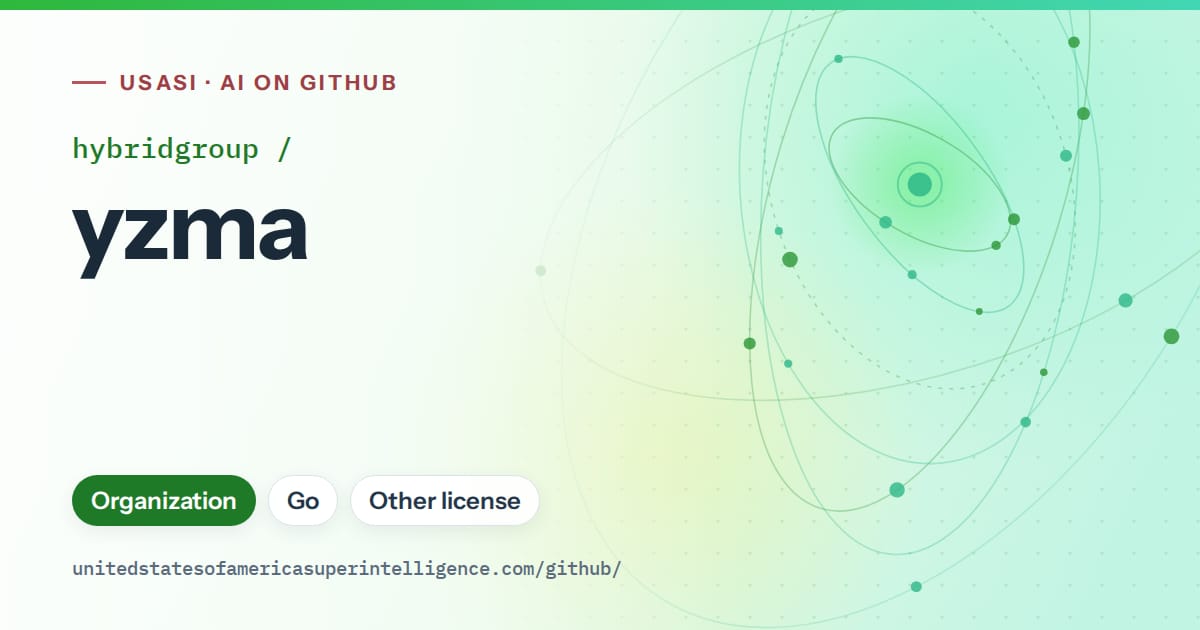Generated green orbit artwork for hybridgroup/yzma, labeled USASI · AI on GitHub, with Organization · Go · Other license.