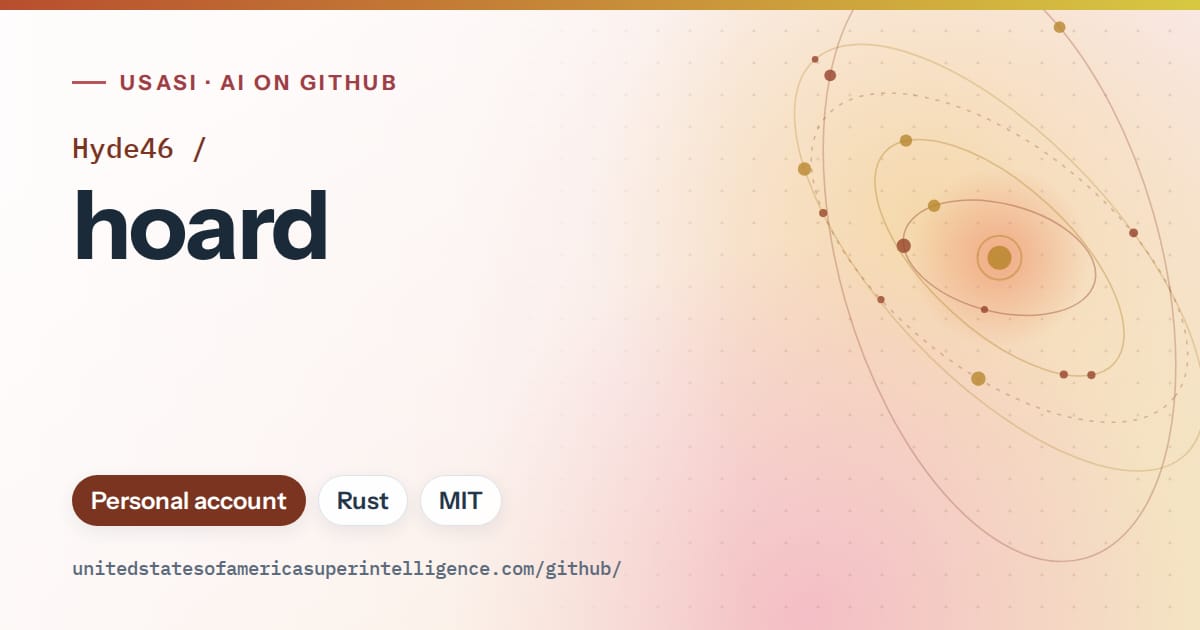 Generated red orbit artwork for Hyde46/hoard, labeled USASI · AI on GitHub, with Personal account · Rust · MIT.