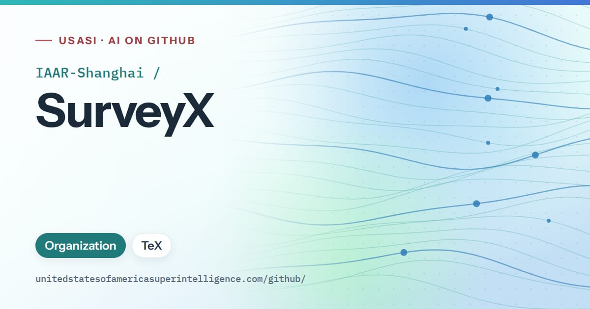 Generated teal flowing-wave artwork for IAAR-Shanghai/SurveyX, labeled USASI · AI on GitHub, with Organization · TeX.