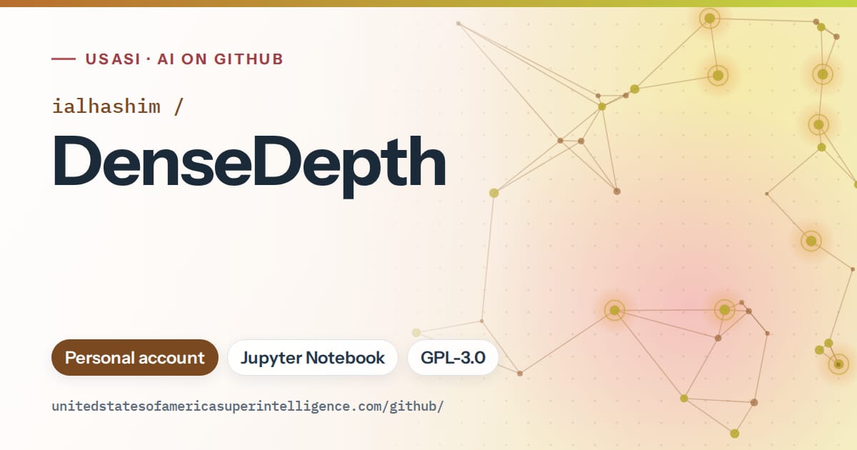 Generated orange constellation network artwork for ialhashim/DenseDepth, labeled USASI · AI on GitHub, with Personal account · Jupyter Notebook · GPL-3.0.