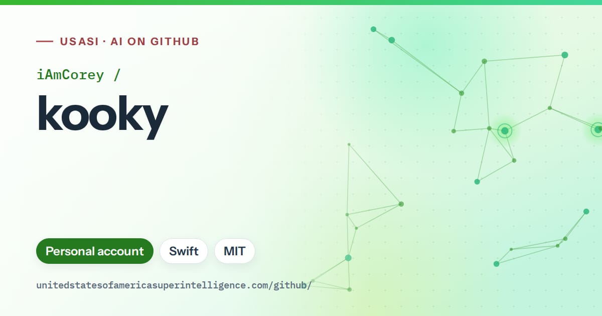 Generated green constellation network artwork for iAmCorey/kooky, labeled USASI · AI on GitHub, with Personal account · Swift · MIT.