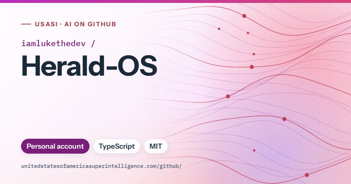 Generated purple flowing-wave artwork for iamlukethedev/Herald-OS, labeled USASI · AI on GitHub, with Personal account · TypeScript · MIT.