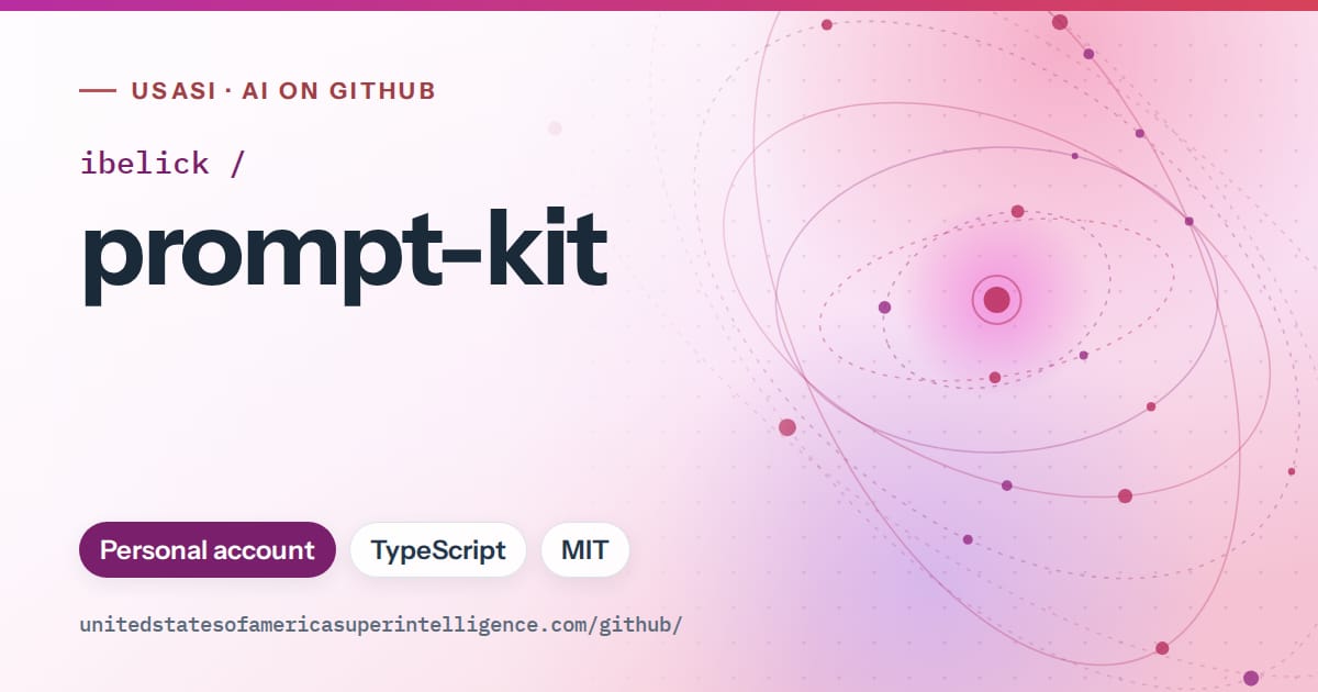 Generated purple orbit artwork for ibelick/prompt-kit, labeled USASI · AI on GitHub, with Personal account · TypeScript · MIT.
