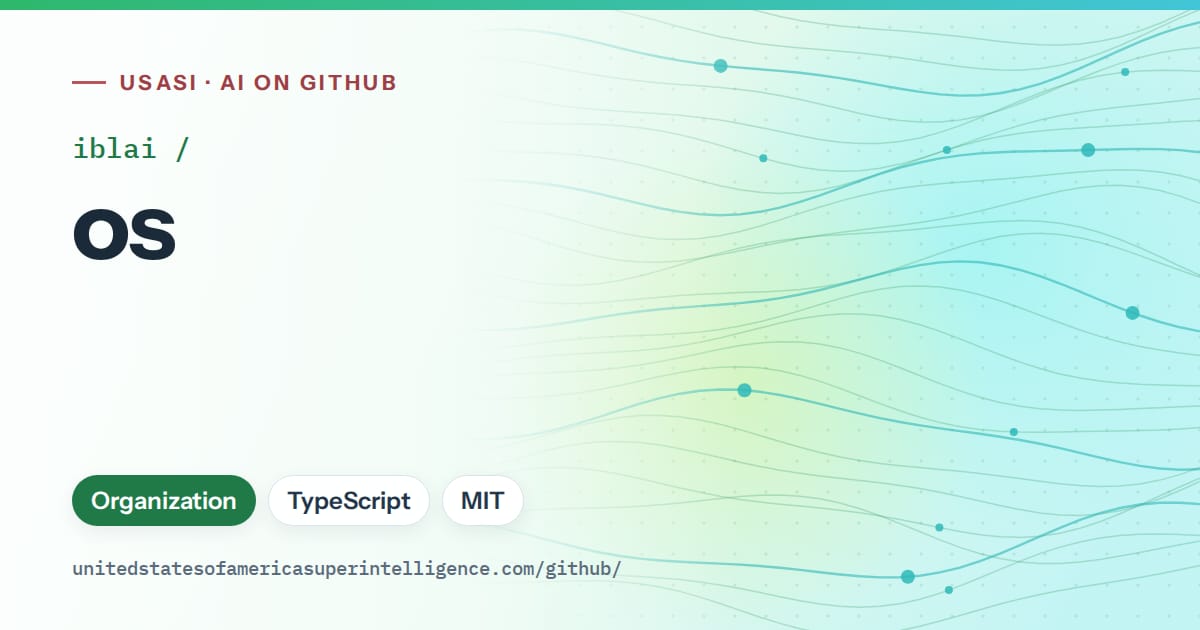 Generated green flowing-wave artwork for iblai/os, labeled USASI · AI on GitHub, with Organization · TypeScript · MIT.