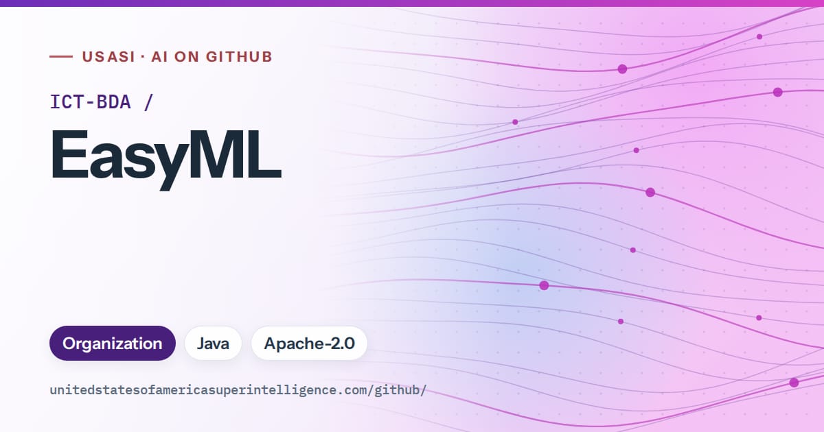 Generated violet flowing-wave artwork for ICT-BDA/EasyML, labeled USASI · AI on GitHub, with Organization · Java · Apache-2.0.