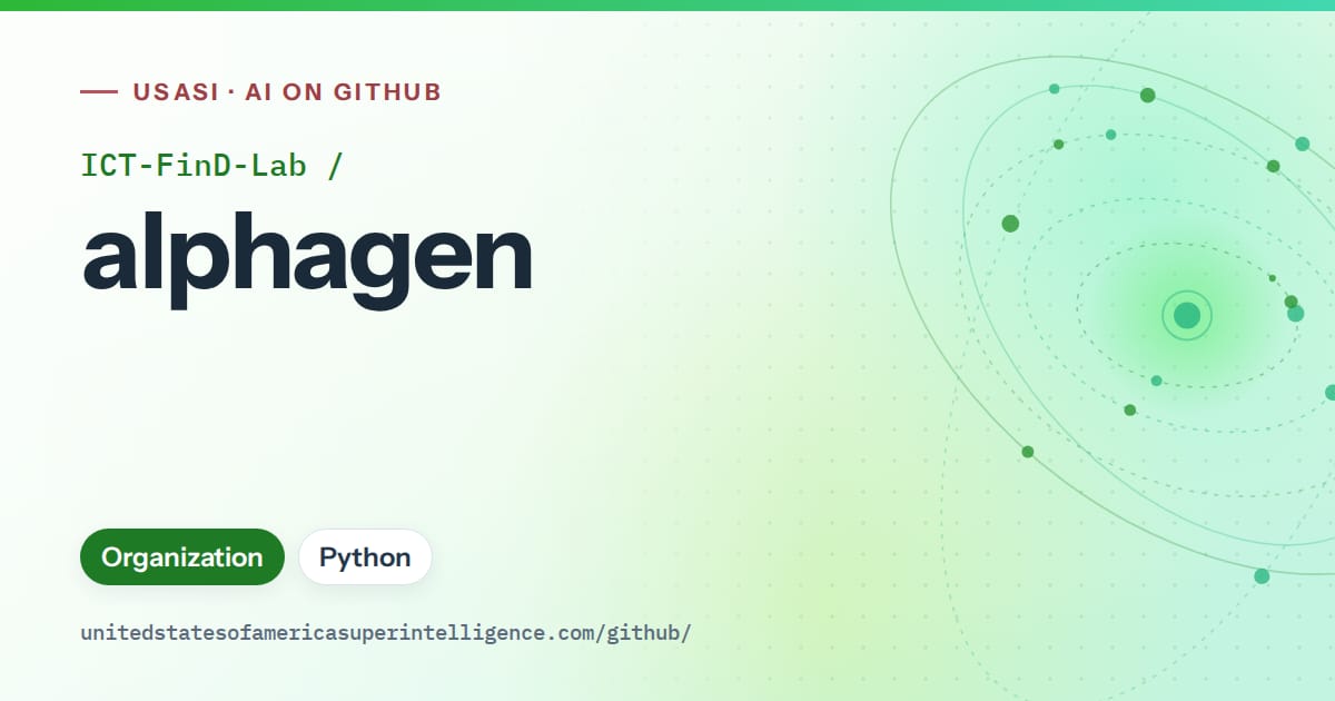 Generated green orbit artwork for ICT-FinD-Lab/alphagen, labeled USASI · AI on GitHub, with Organization · Python.