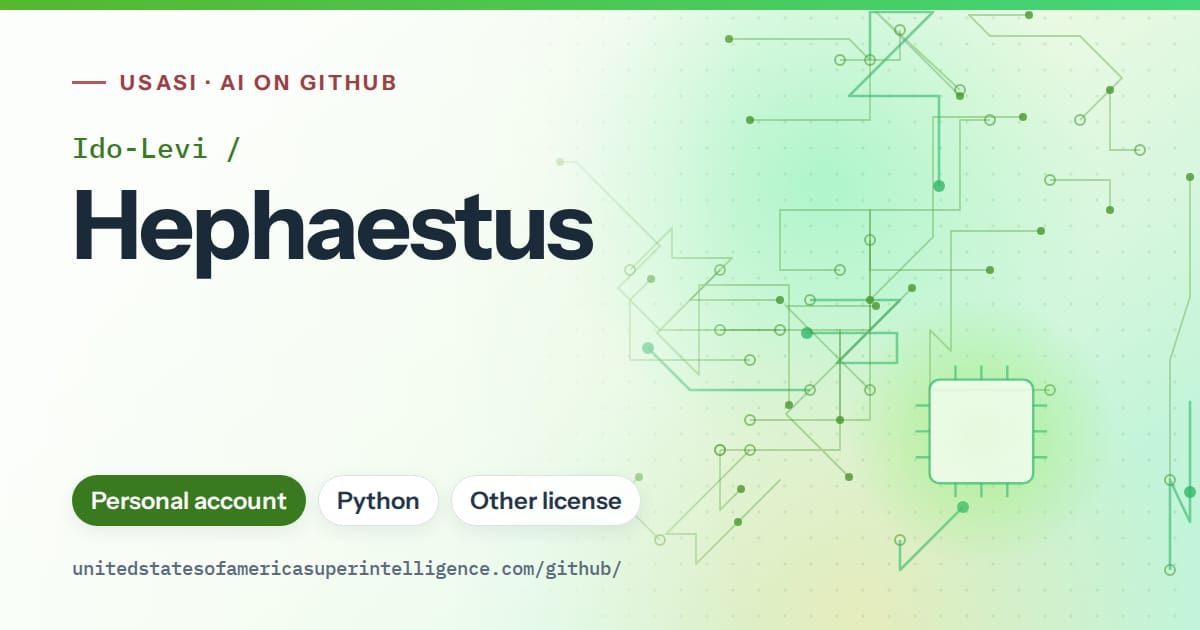 Generated green circuit-trace artwork for Ido-Levi/Hephaestus, labeled USASI · AI on GitHub, with Personal account · Python · Other license.