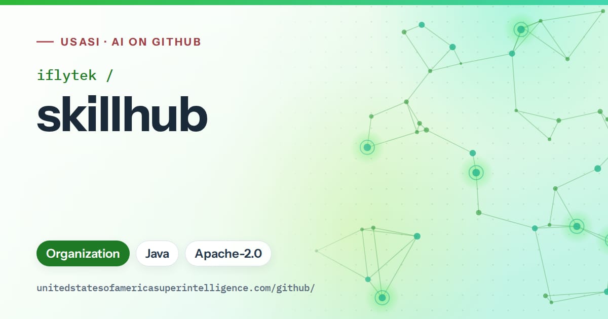 Generated green constellation network artwork for iflytek/skillhub, labeled USASI · AI on GitHub, with Organization · Java · Apache-2.0.
