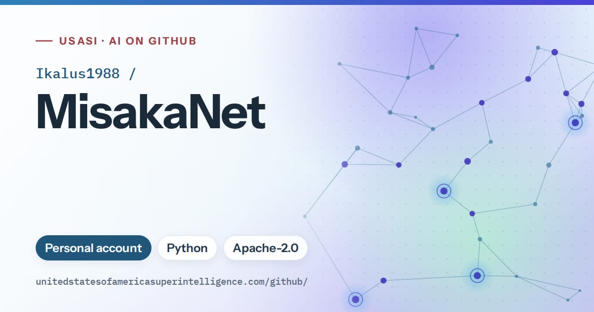 Generated sky blue constellation network artwork for Ikalus1988/MisakaNet, labeled USASI · AI on GitHub, with Personal account · Python · Apache-2.0.