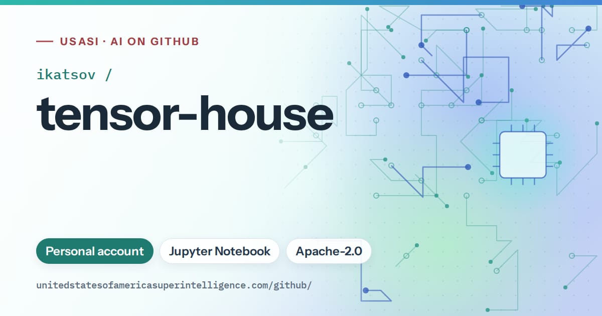 Generated teal circuit-trace artwork for ikatsov/tensor-house, labeled USASI · AI on GitHub, with Personal account · Jupyter Notebook · Apache-2.0.