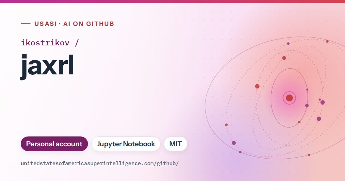 Generated purple orbit artwork for ikostrikov/jaxrl, labeled USASI · AI on GitHub, with Personal account · Jupyter Notebook · MIT.
