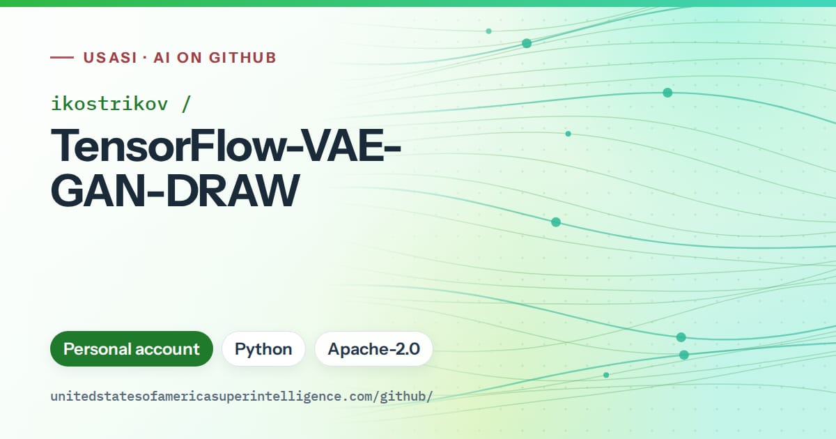 Generated green flowing-wave artwork for ikostrikov/TensorFlow-VAE-GAN-DRAW, labeled USASI · AI on GitHub, with Personal account · Python · Apache-2.0.