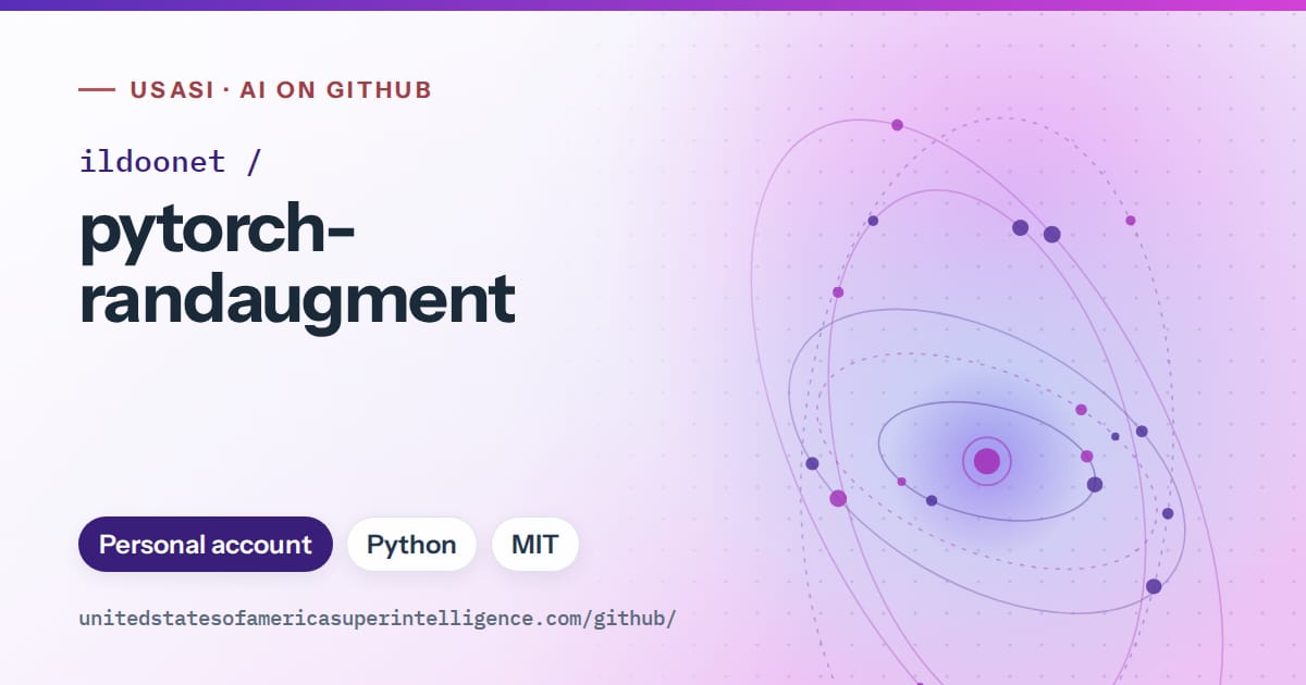 Generated violet orbit artwork for ildoonet/pytorch-randaugment, labeled USASI · AI on GitHub, with Personal account · Python · MIT.
