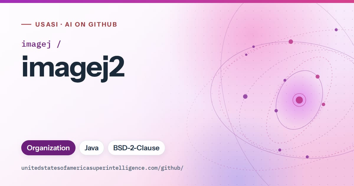 Generated purple orbit artwork for imagej/imagej2, labeled USASI · AI on GitHub, with Organization · Java · BSD-2-Clause.